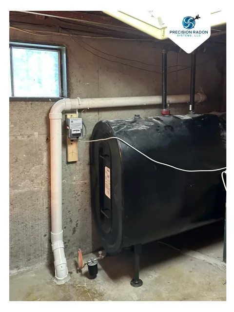 A basement utility room with exposed concrete walls and floor, featuring a black round water heater machine, white PVC pipes, a small window, and a wall-mounted electrical component.