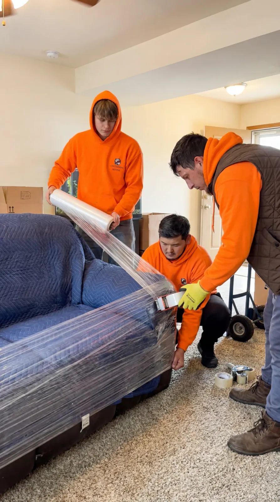 Movers wrapping couch in living room during local move