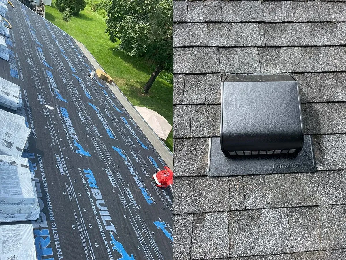 Roof with black underlayment, gray shingles, a vent, and a red marker near the ridge.