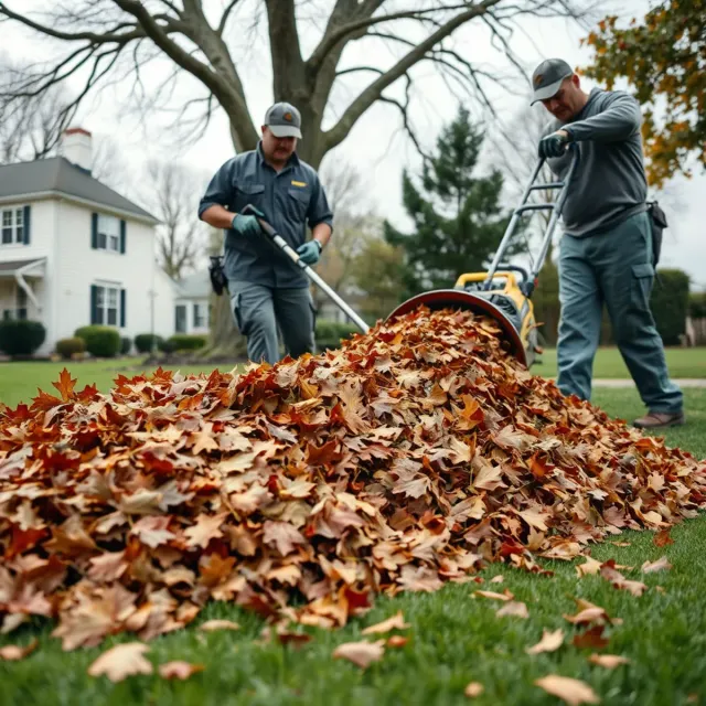 Fall leaves being cleared from a lawn in Whitman, MA