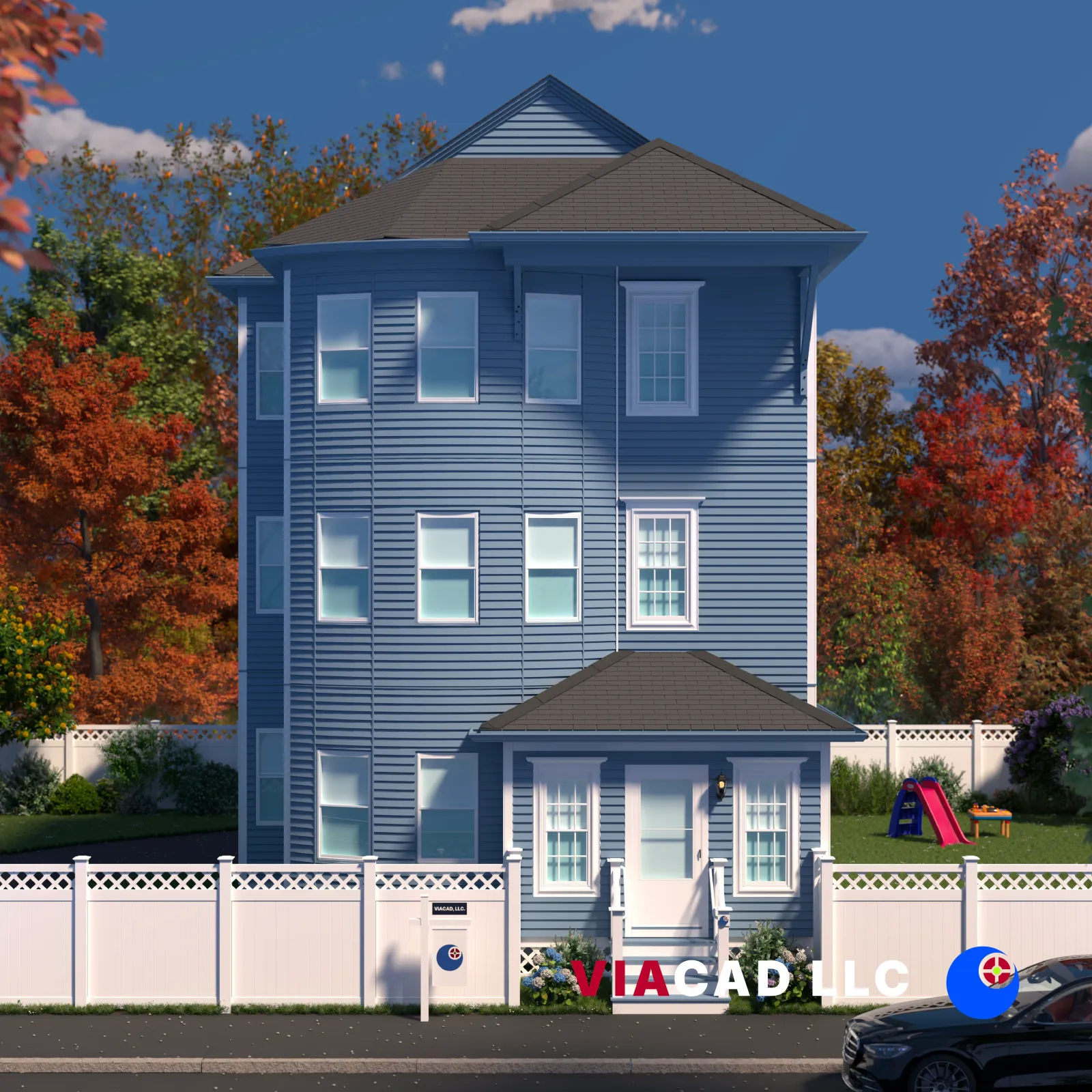Proposed 3D Rendering of a Triple Decker Front Porch Remodel in Worcester, MA by VIACAD, LLC