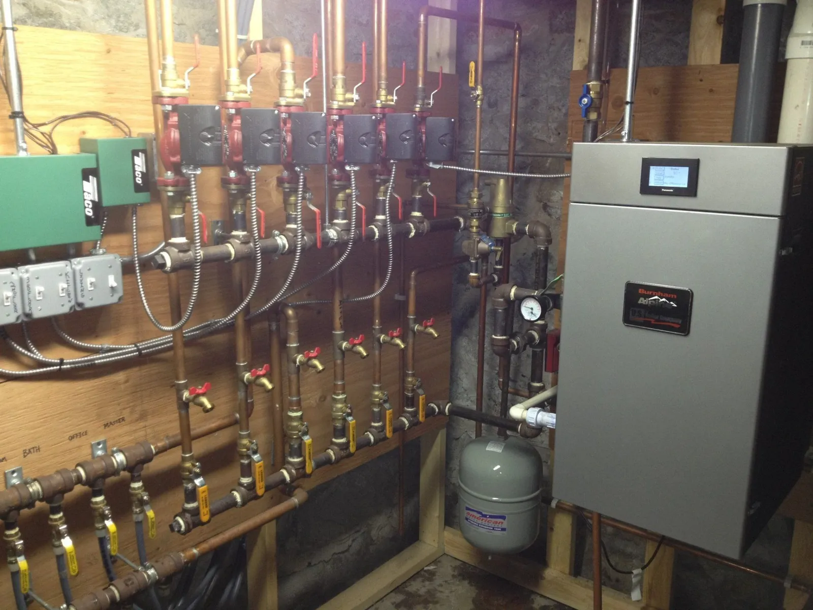 High-efficiency boiler with zoned circulators and labeled distribution