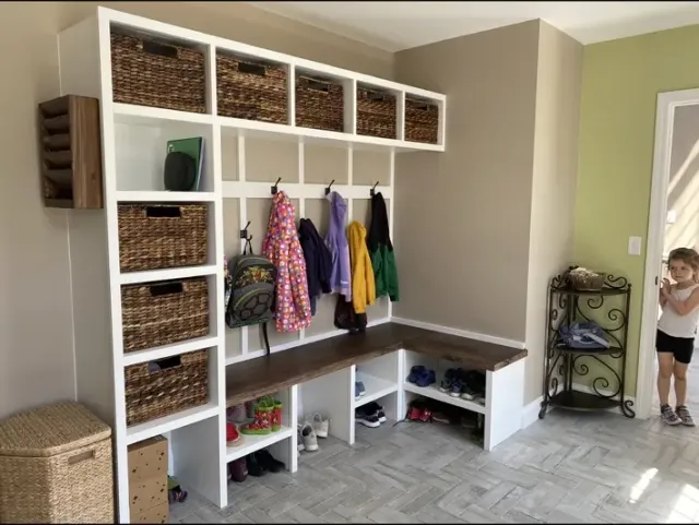 Custom mudroom bench, cubbies and basket storage
