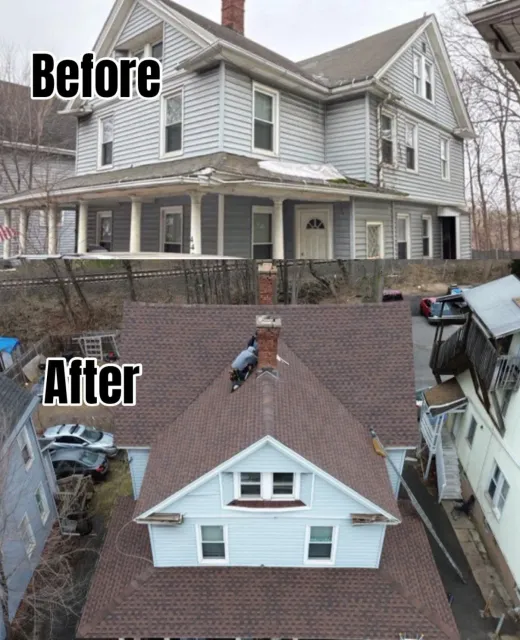 Before-and-after view of a house roof replacement, showing old gray siding and new brown shingles.