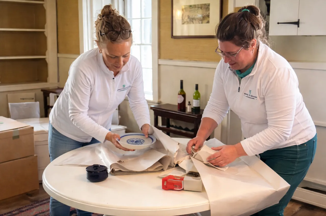 Two Moving and Shaking team members carefully packing dishes