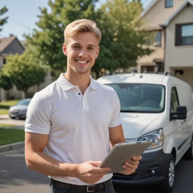 A technician is holding a tablet in front of a white van.