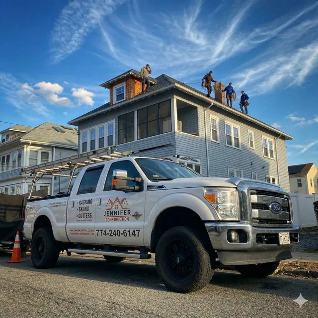 Jennifer Construction roofing crew working on a South Shore MA home with the company truck parked out front
