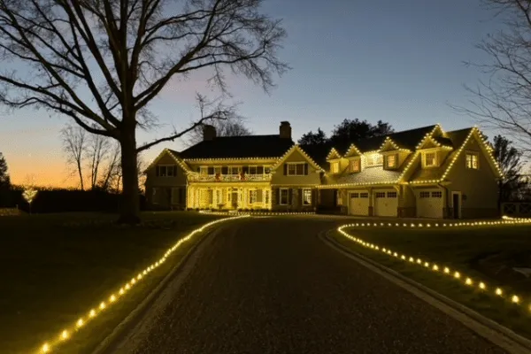 Elegant home illuminated with landscape lighting at dusk. Warm lights accent the roofline, windows, and winding driveway, creating a welcoming ambiance.