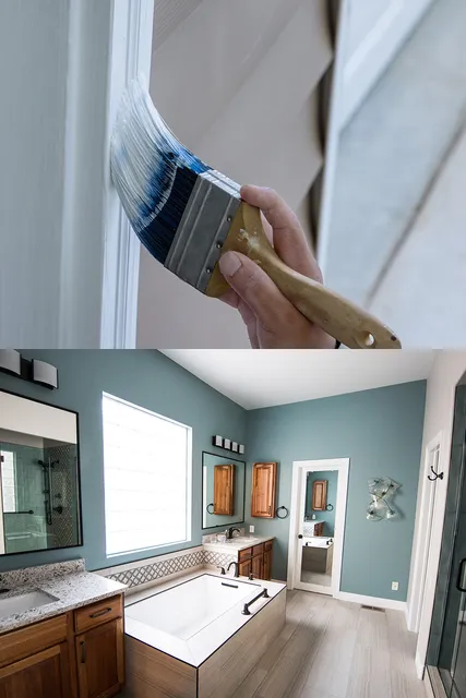 Brushing on exterior trim paint, followed by a beautifully painted bathroom.
