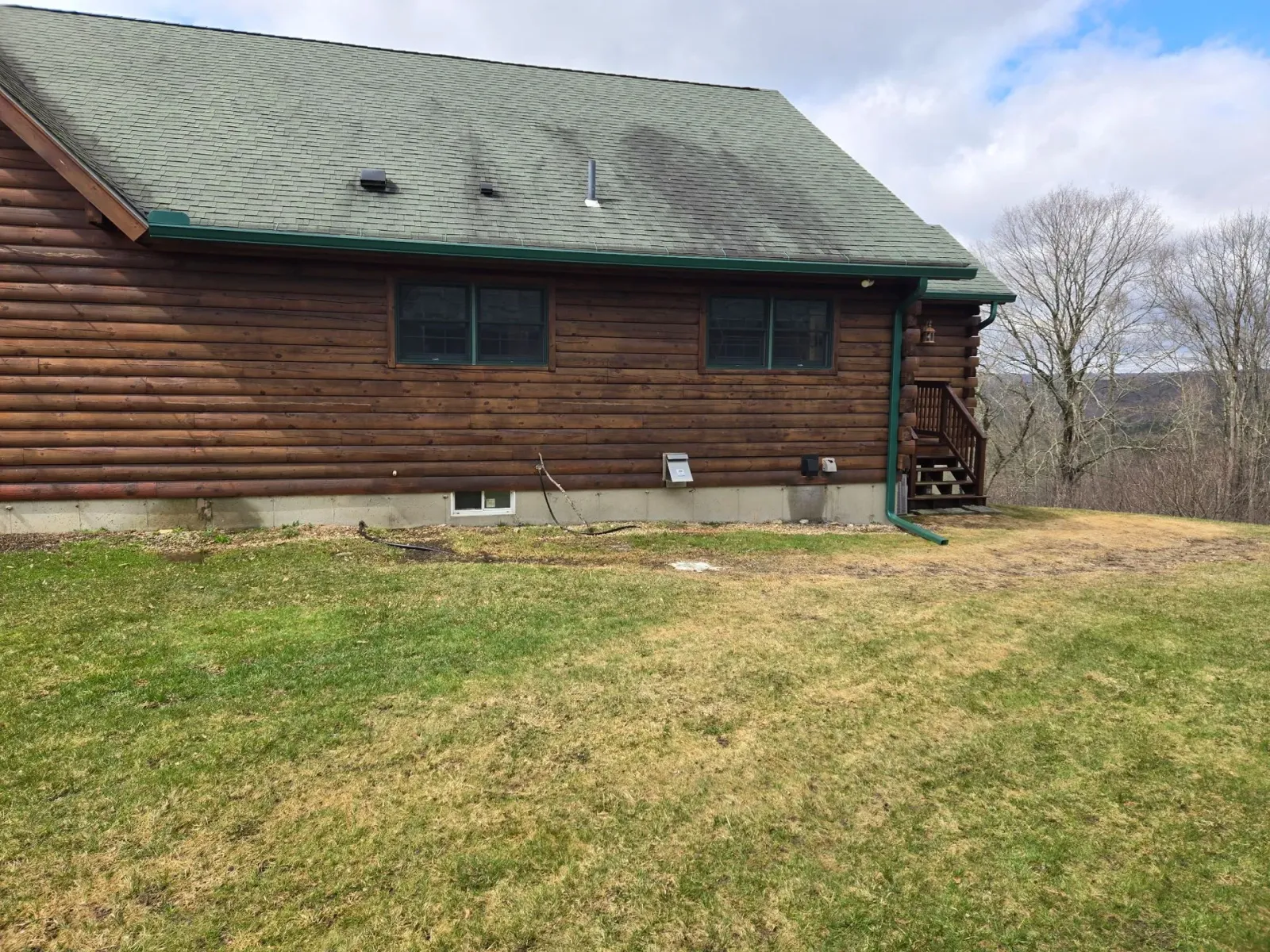 Brown wooden house with a green metal roof and grassy yard on a cloudy day