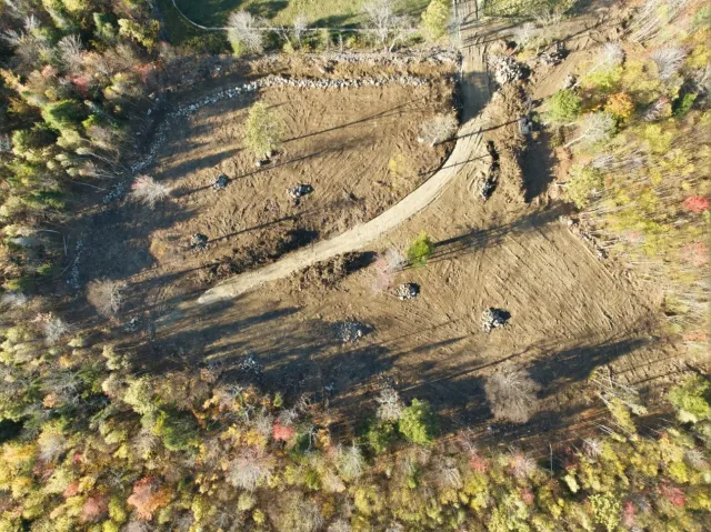 Aerial view of Wilmot, NH pasture conversion project and land clearing progress.