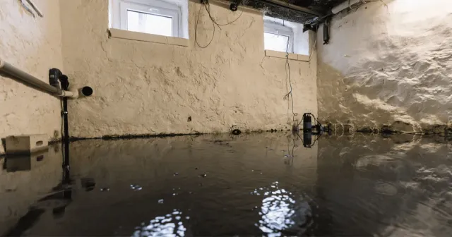 A flooded basement with water coming out of the windows.