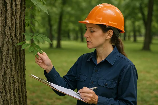 A professional female arborist in a safety helmet inspects a tree leaf while taking notes on a clipboard, representing P.C. Hoag & Co.’s expert landscape rejuvenation consulting services focused on tree removal analysis.