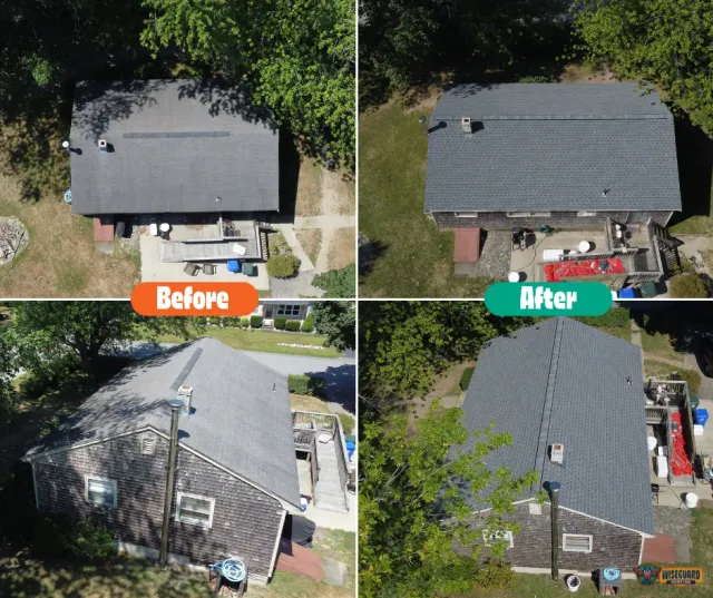 Split-screen aerial views of a house showing a roof before and after cleaning, featuring darker, cleaner shingles.
