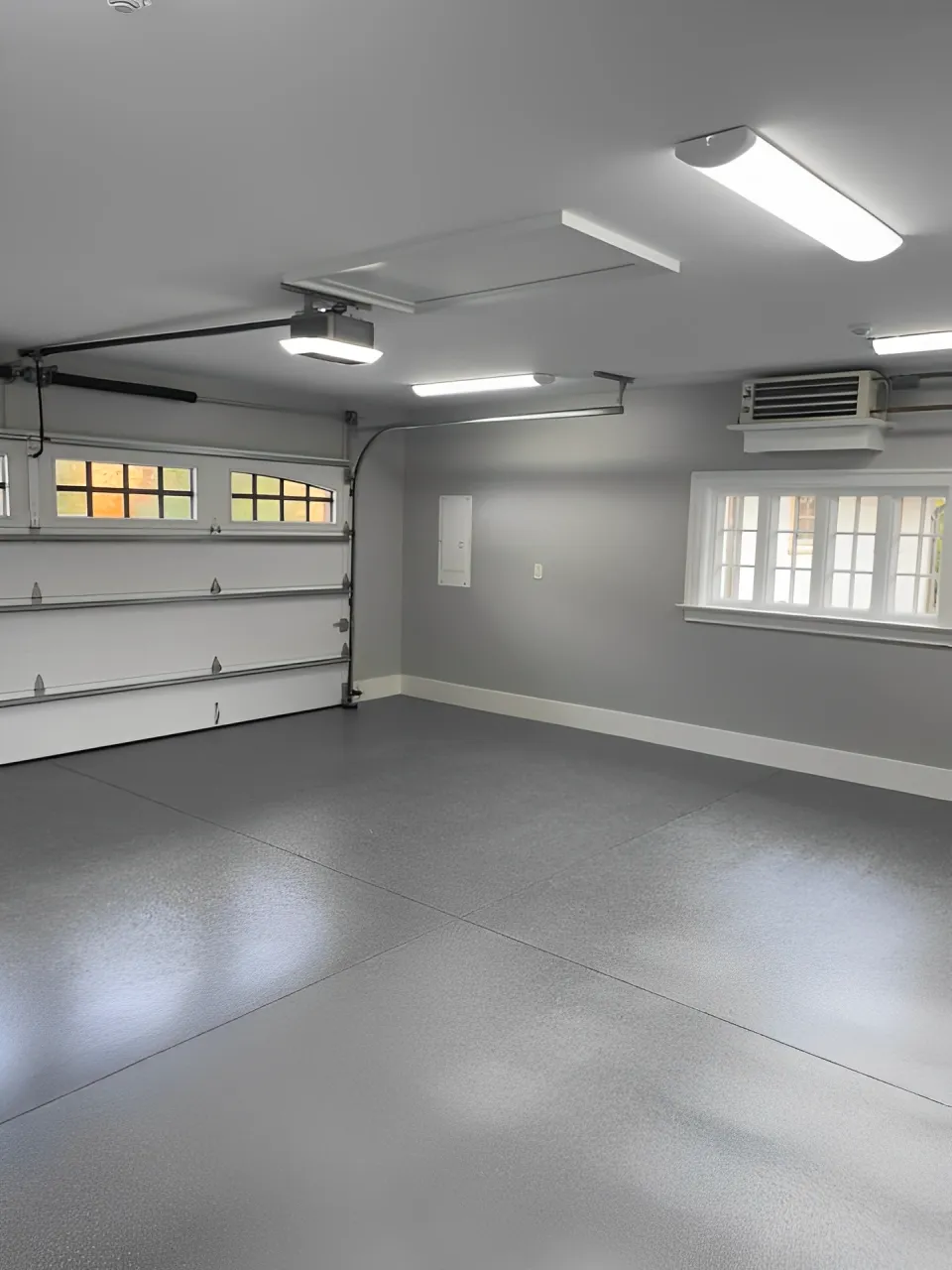 A Spacious Garage Featuring A Large Door And Two Windows, Providing Ample Light And Accessibility.