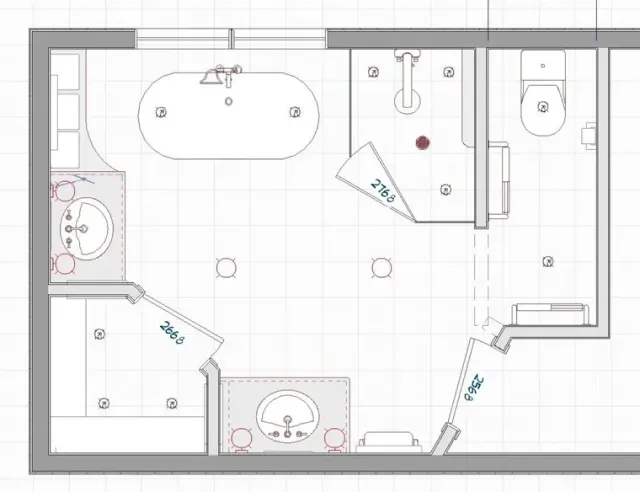 Top-down view of a modern bathroom with gray tile, white fixtures, sink, toilet, tub, and shower.