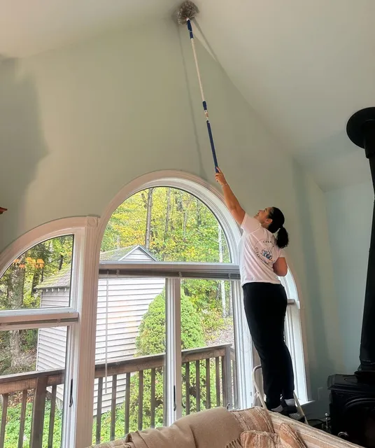 A team member using an extension pole to clean a tall arched window