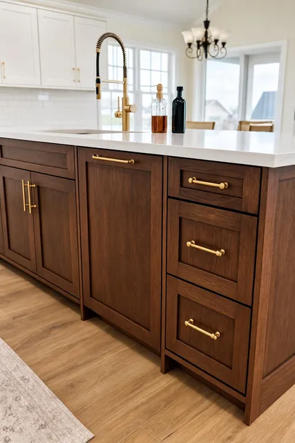 Kitchen island in quartersawn walnut with brass bar pulls, a white quartz waterfall counter and a brass articulating faucet