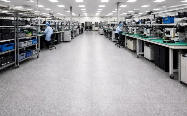 Electronics assembly line with technicians at benches