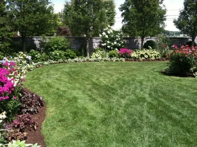 Lush green lawn bordered by colorful flower beds and trees in a landscaped garden