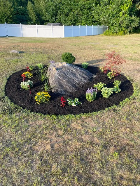 Circular mulched garden bed with a natural boulder and colorful new plantings