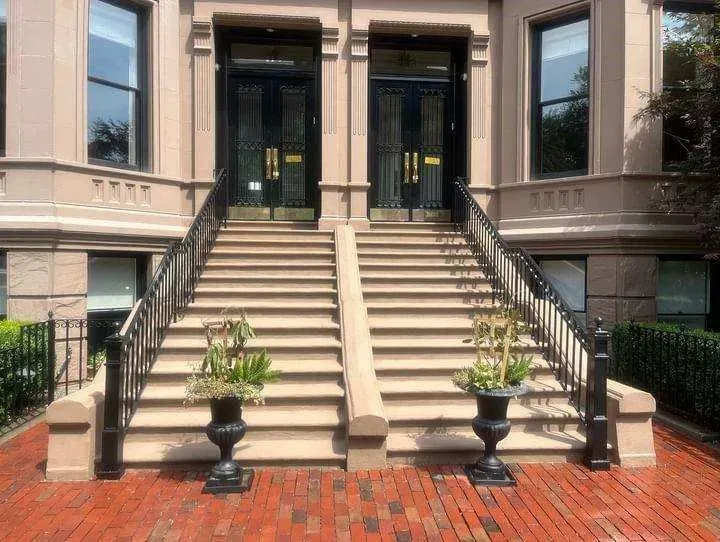 A building with stairs and potted plants in front of it