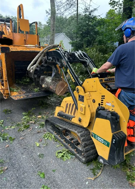 A worker operating a small yellow woodchipper with tracks, cutting fallen branches and leaves in a yard. The woodchipper is feeding a large cut tree log, while green tree branches and leaves are scattered around the ground.