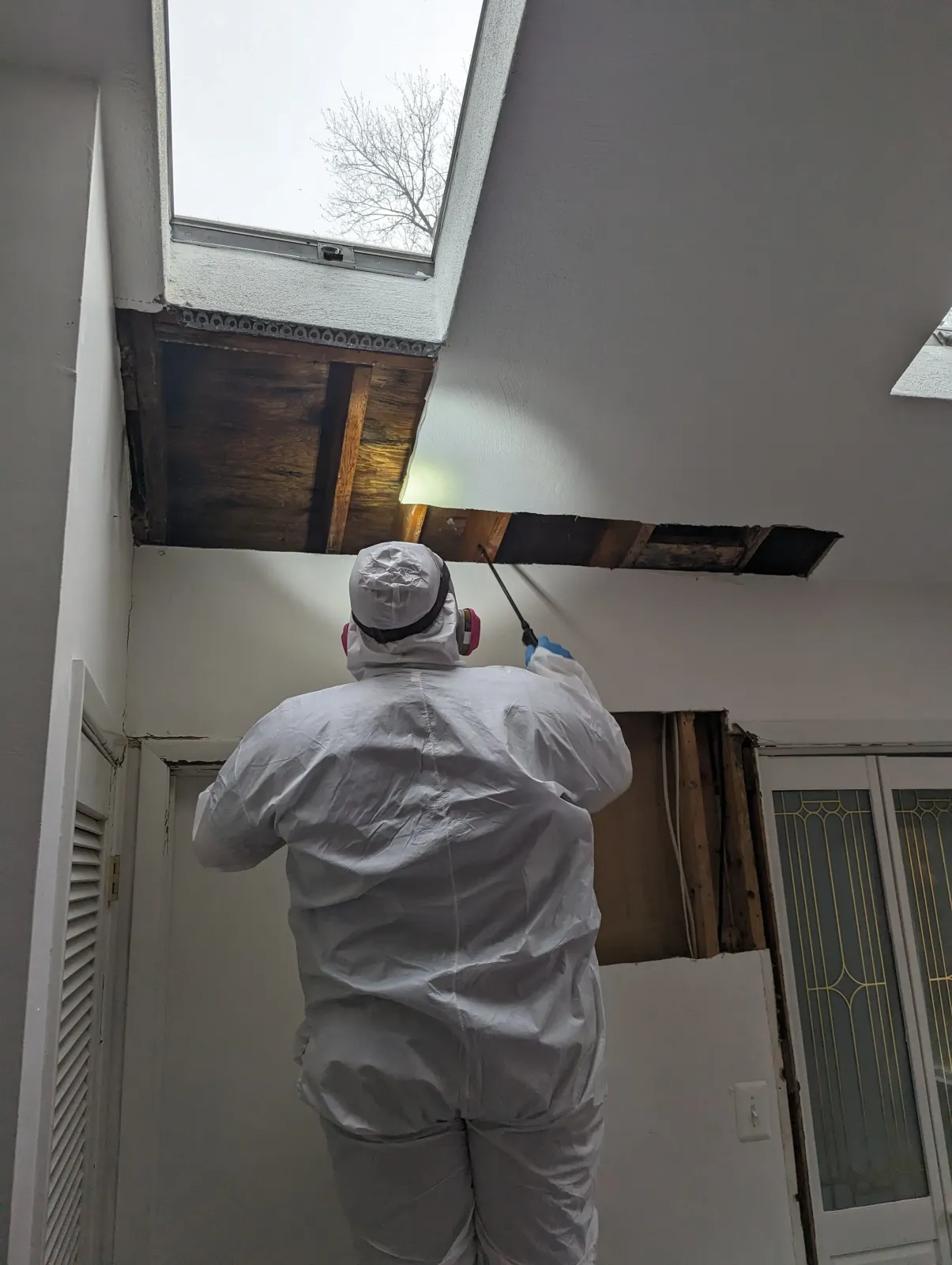 A person dressed in white protective clothing and mask is performing maintenance or repair work on a skylight in a room, with exposed wooden framework and a partially open door visible.