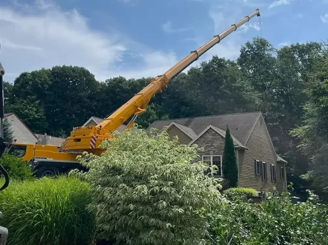 A crane is in front of a house.