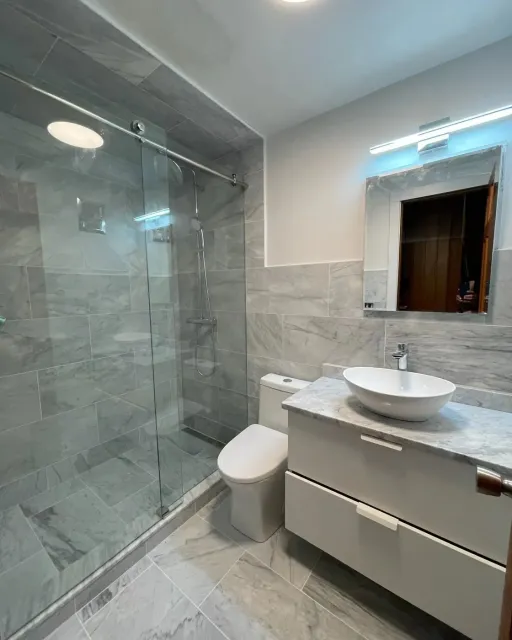 A bathroom with a toilet , sink , mirror and walk in shower.