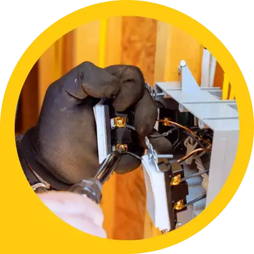 A person wearing a black glove uses a screwdriver to work on electrical wiring inside an electrical box mounted on a wooden wall, demonstrating the expertise typical of electricians Rhode Island RI relies on.