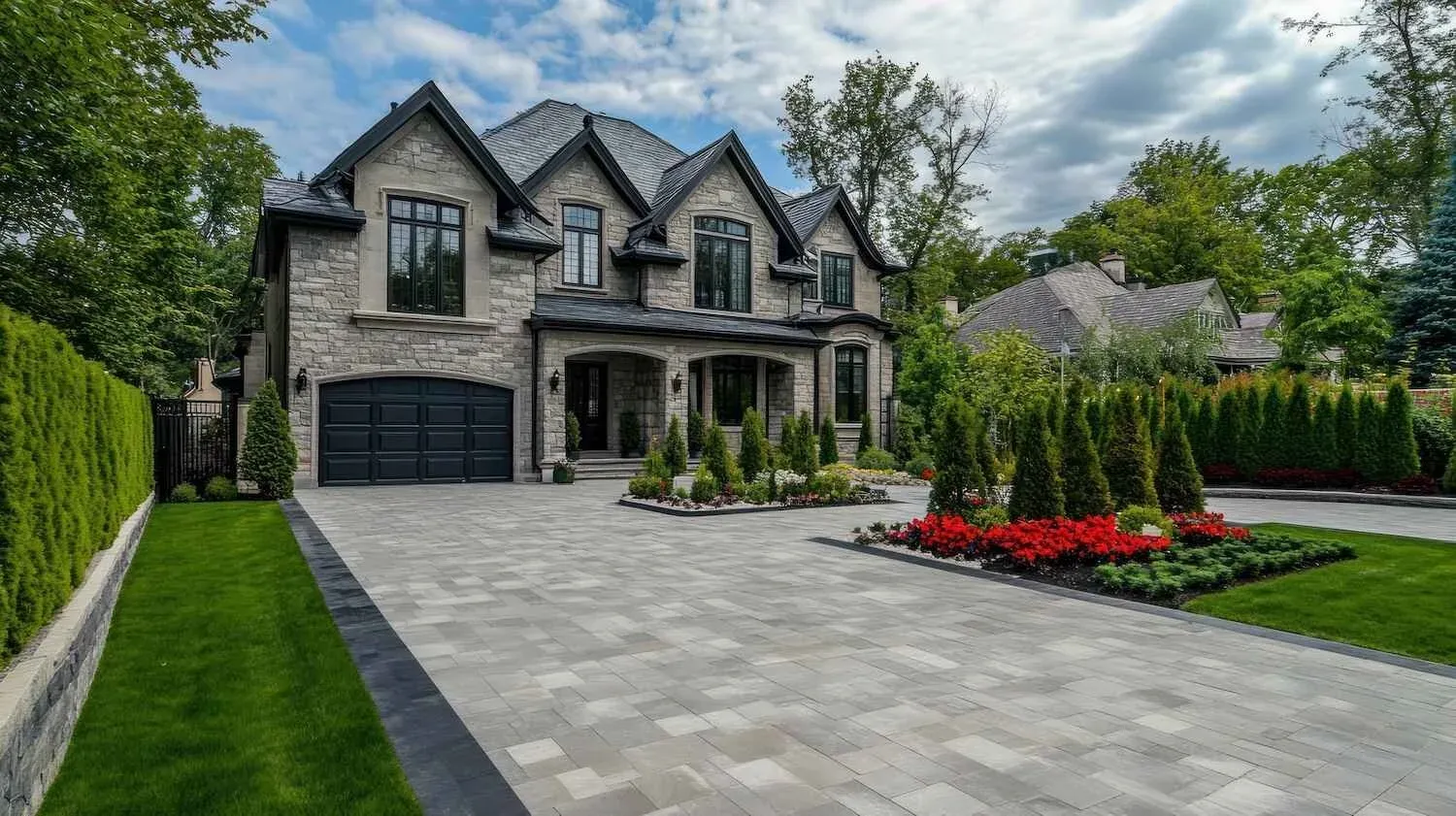Custom paver driveway in Weston, MA, featuring a blend of natural stone textures for timeless curb appeal.jpeg