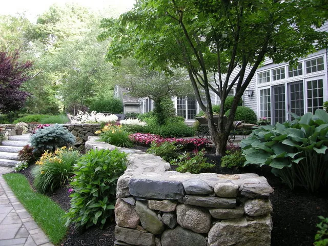 Fieldstone retaining wall with plantings