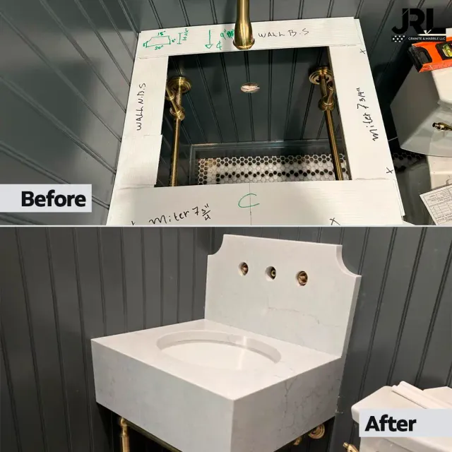 Alt text before: Empty countertop space with no surface installed in the bathroom. Alt text after: Bathroom countertop finished with elegant granite stone surface.