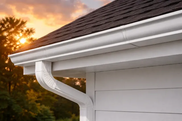 Gutter system and roof edge at sunset, showcasing quality roofing materials and craftsmanship, relevant to Crown Roofing's services in roof installation and maintenance.