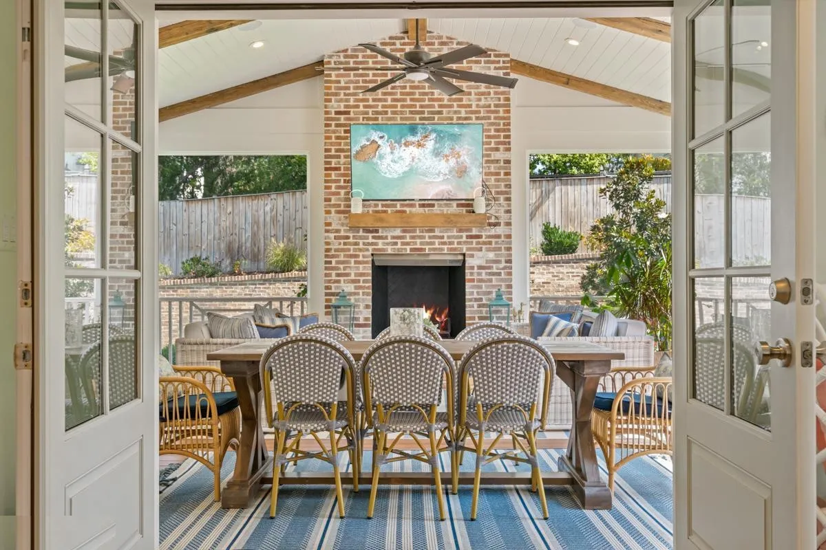 Not ready to let go of porch season, and with this one you do not have to. Wood-burning brick fireplace, reclaimed beams and ipe decking on a screened porch in Chevy Chase that works long past Labor Day. Fall might be this room's best season.

Architect Mangan Group Architects 
#chevychase #screenedporch #outdoorliving #customhomes #renovation #luxuryhomes #homebuilder #marylandhomes #dmv