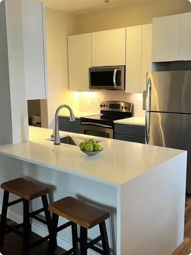 Kitchen with quartz waterfall island and paneled appliances in Newton MA