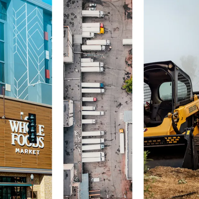 A collage of three photographs: a close-up of the exterior of a Whole Foods Market with a brown wood-paneled facade and a sign, an aerial view of a parking lot with trucks and cars, and part of a construction vehicle with a yellow arm