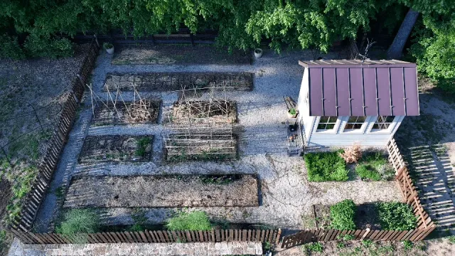 Aerial view of the farmette garden in May