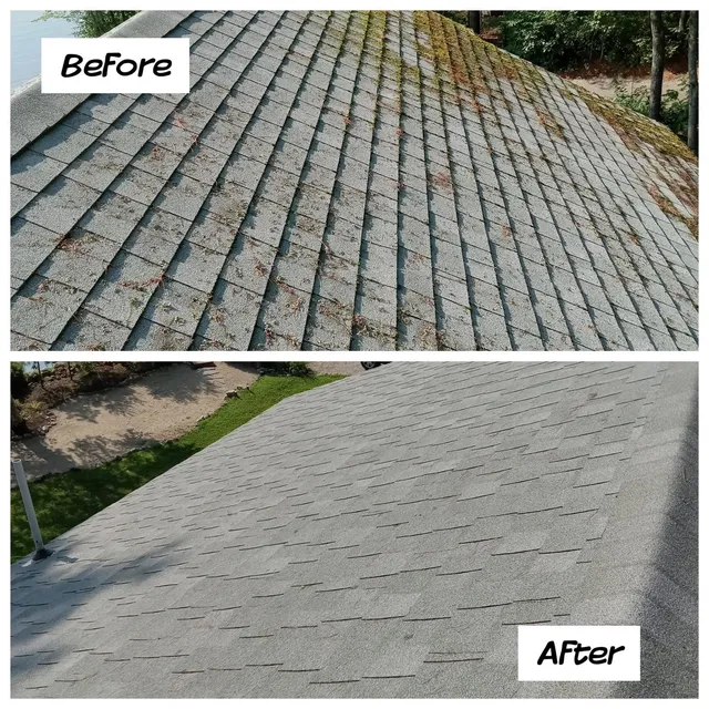 Roof shingles before and after cleaning