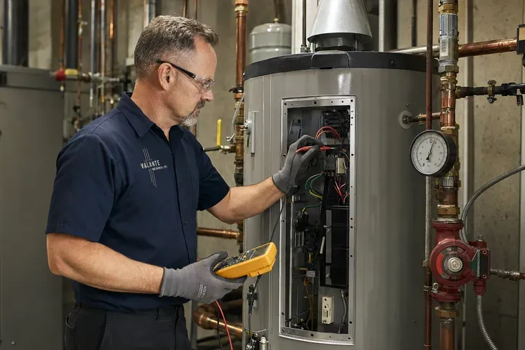 Technician kneels beside industrial machinery, inspecting wiring in a factory setting.