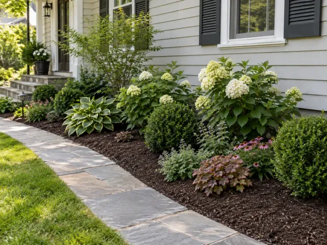 Professionally prepared planting bed with fresh mulch, clean edging, hydrangeas, shrubs, and perennials