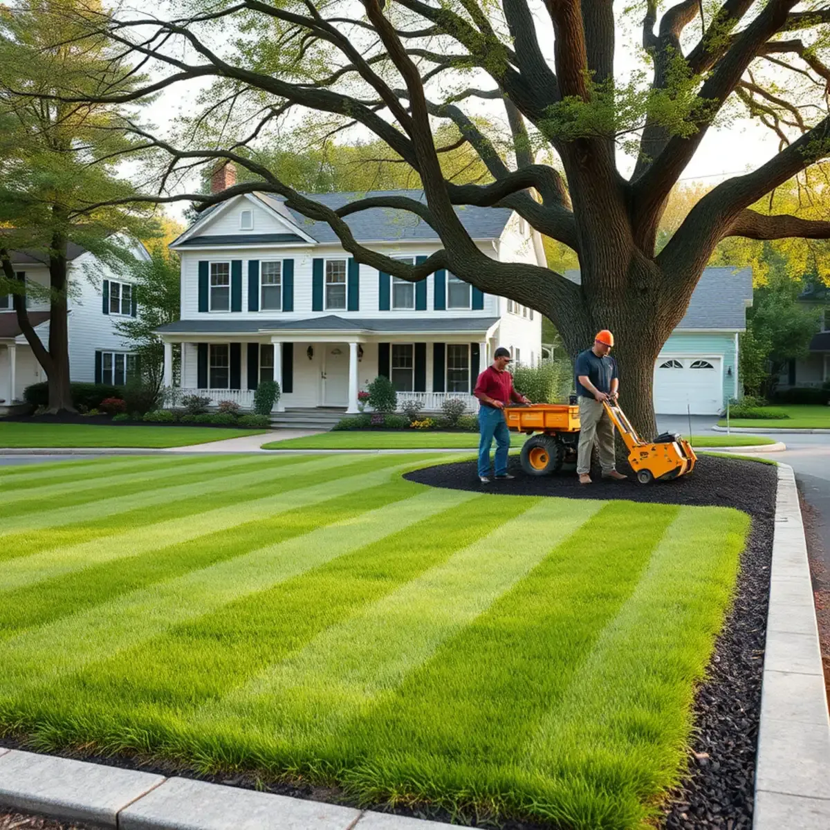 Freshly mowed lawn and mulched garden beds at a home in Whitman, MA