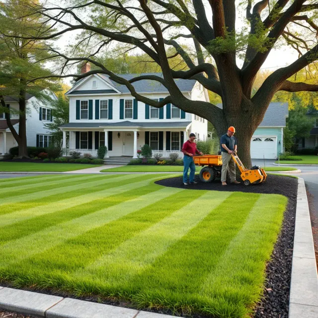 Freshly mowed lawn and mulched garden beds at a home in Whitman, MA
