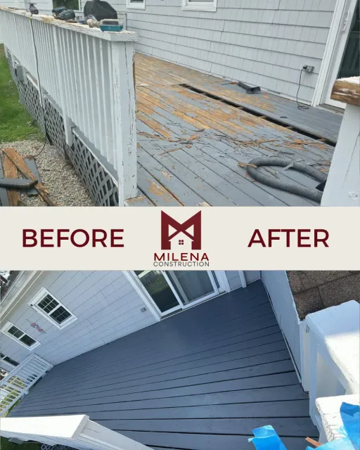 Before and after: peeling porch deck repaired and repainted in slate gray