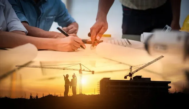 Overlay of construction site with cranes and workers during sunset, and a group of people discussing blueprints and plans at a table.