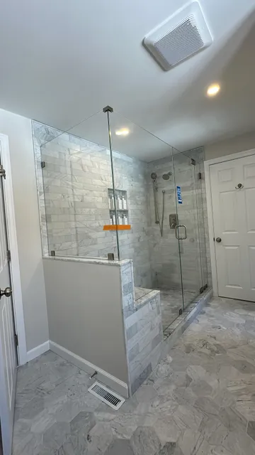 Beautiful 4 piece frameless enclosure Designed and measured by Jared and installed by our top installer Kev and Ted. Brushed nickel @us_horizon hardware, @qualityenclosuresinc low iron tempered glass. Protected by @diamonfusionintl glass treatment for many years of crystal clear glass.#showerdoor #frameless #qualityenclosures