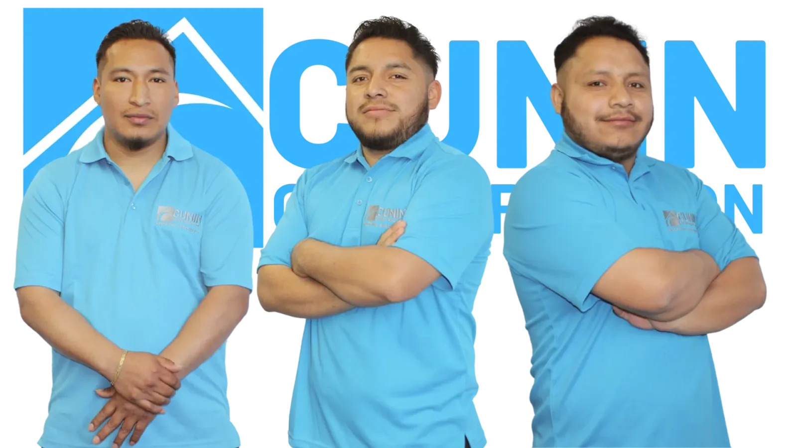 Three men in light blue polo shirts pose with arms crossed against a blue background with partial text visible