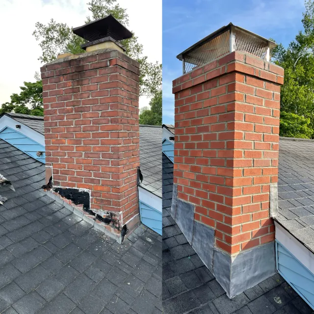 Side-by-side images of a brick chimney before and after repair. The left shows damage with missing bricks and black soot at the base. The right shows the chimney after repair, with a clean, intact brick structure and new flashing at the bottom.