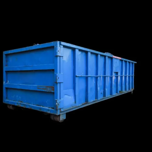 A large blue industrial dumpster against a black background.